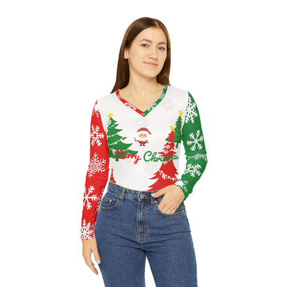Women's Merry Christmas V-Neck Long Sleeve Shirt - Festive Santa Tree Sweater Top, Holiday Graphic Tee for Cozy Winter Outfits
