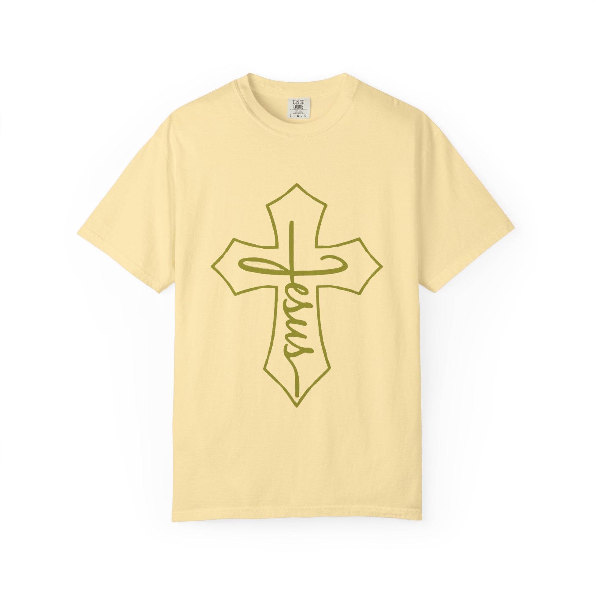 Yellow t-shirt with a cross and 'Jesus' text design on a white background