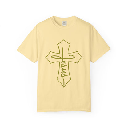 Yellow t-shirt with a cross and 'Jesus' text design on a white background