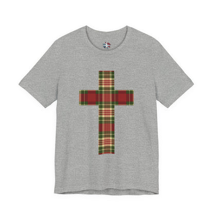 Plaid Cross Christmas Tee – Rustic Faith Holiday T-Shirt