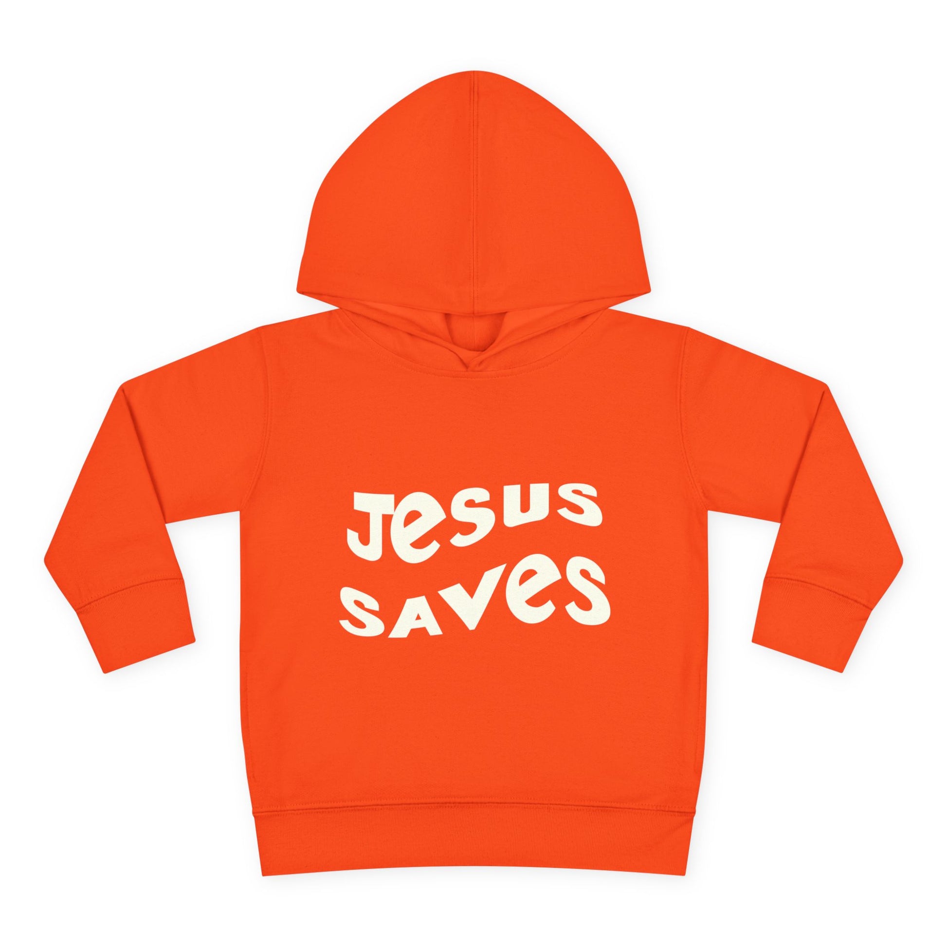 Kids' hoodie with 'Jesus Saves' text and cross graphic, vibrant Christian faith apparel for children.