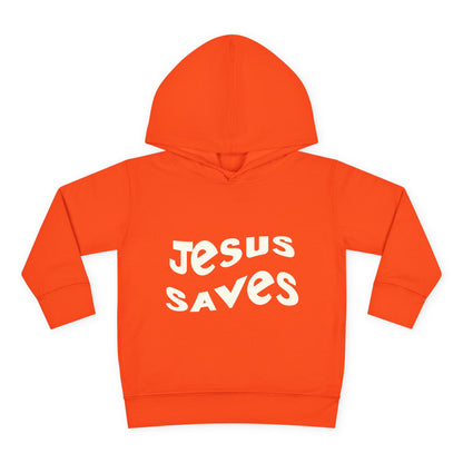 Kids' hoodie with 'Jesus Saves' text and cross graphic, vibrant Christian faith apparel for children.