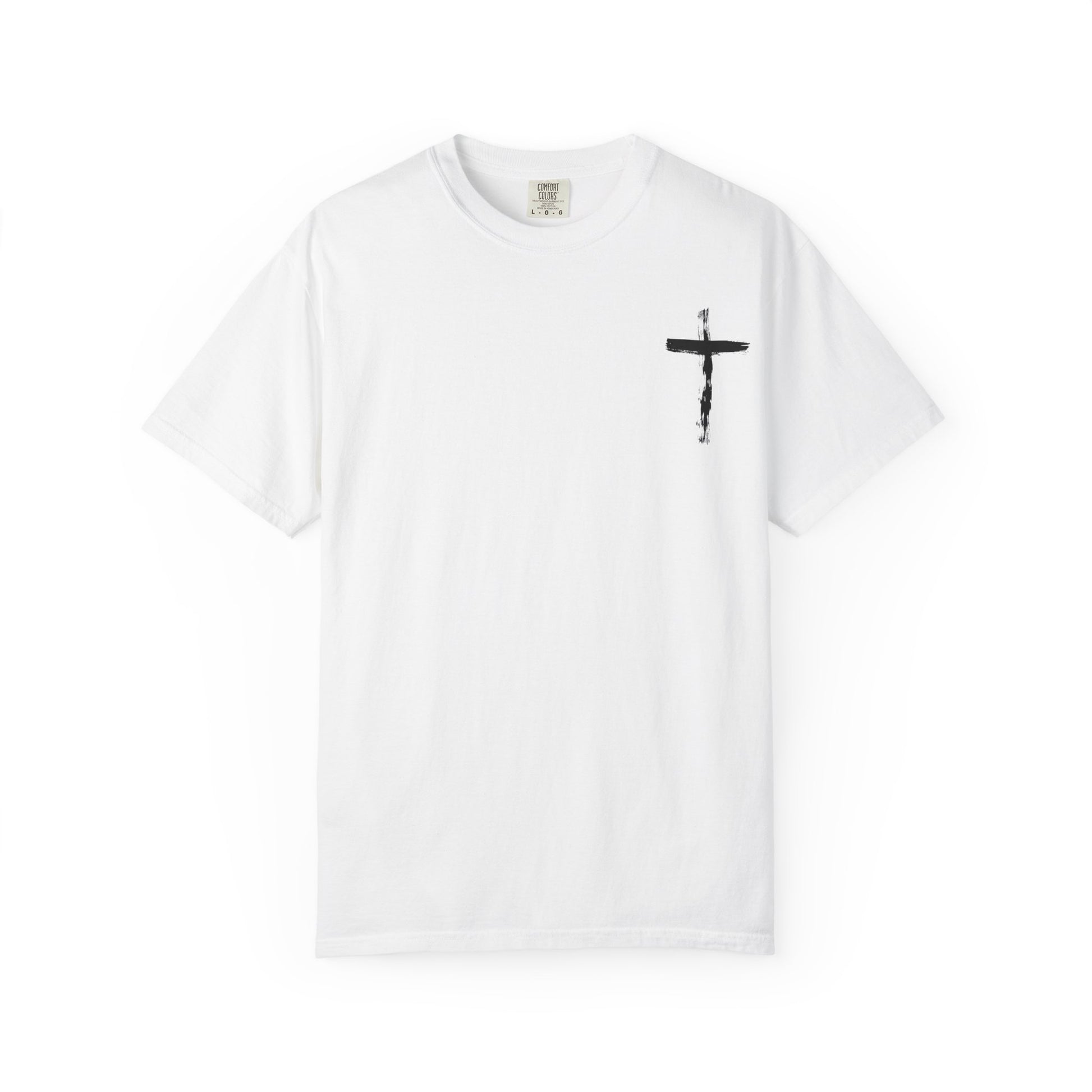 Men's white T-shirt with black cross and John 3:16 Bible verse, Christian faith apparel.

