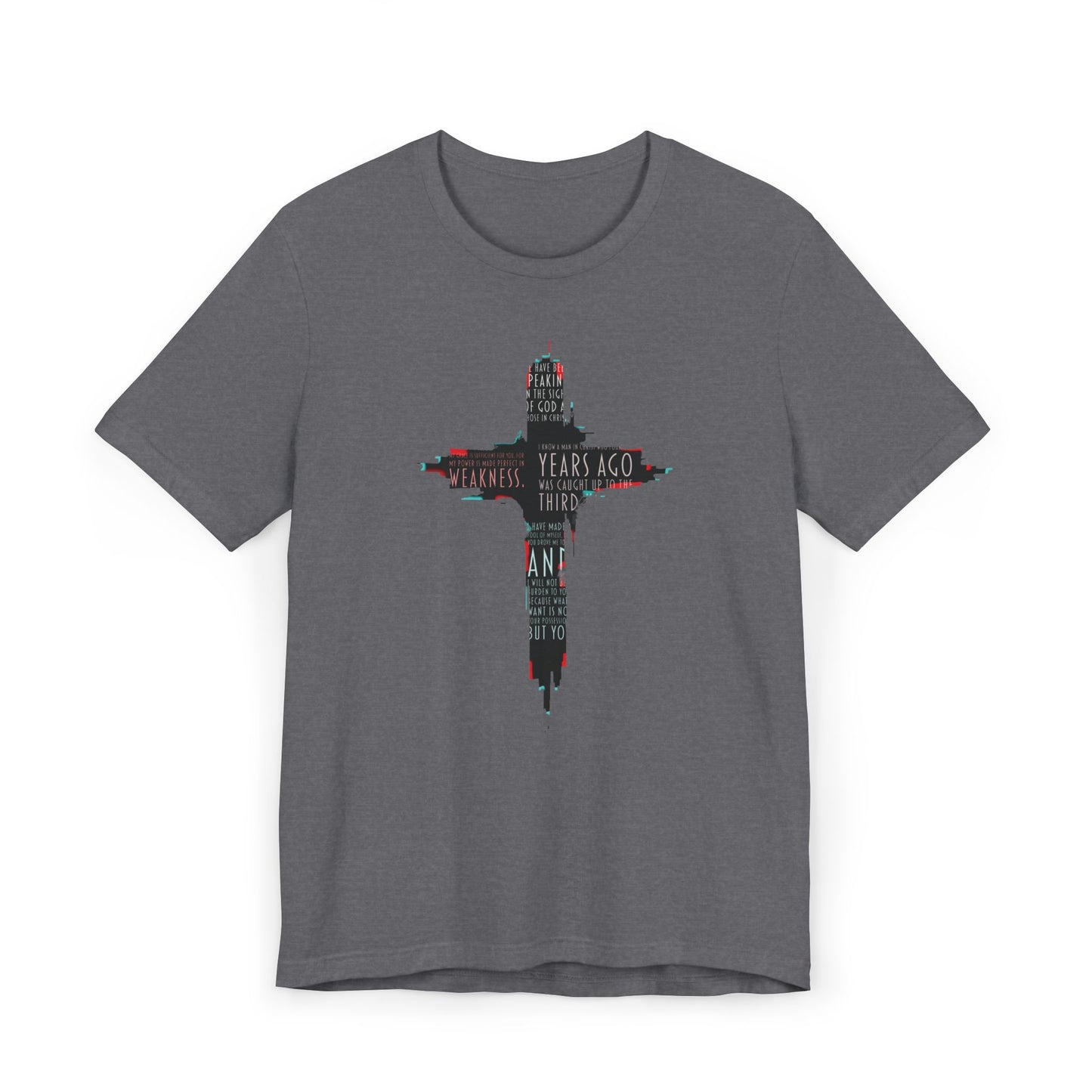 Glitched Cross Christian T-Shirt | Minimalist Bible Verse Grace Tee | Edgy Cyber Faith Streetwear | 2 Corinthians 12:9 Glitch Art