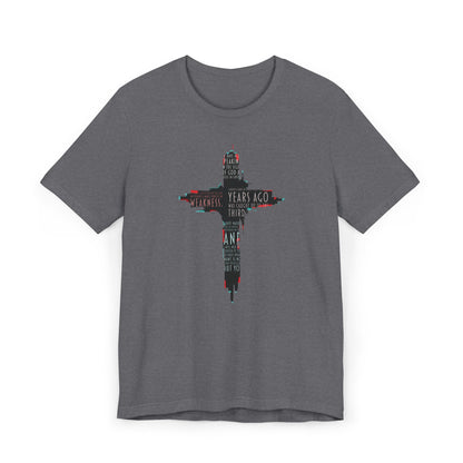 Glitched Cross Christian T-Shirt | Minimalist Bible Verse Grace Tee | Edgy Cyber Faith Streetwear | 2 Corinthians 12:9 Glitch Art