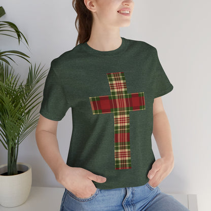 Plaid Cross Christmas Tee – Rustic Faith Holiday T-Shirt