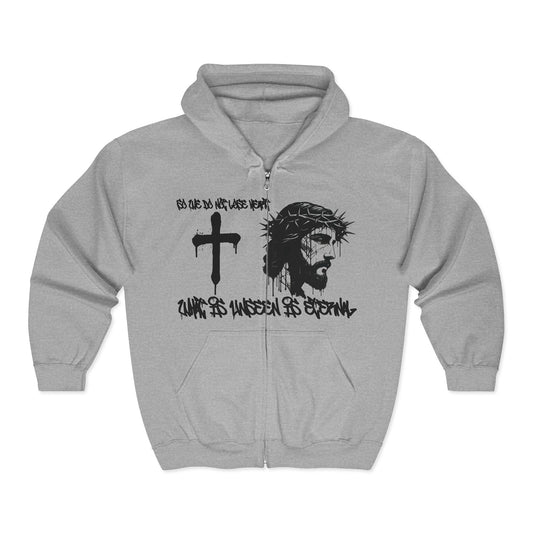  Eternal Jesus graffiti zip-up hoodie in Sport Grey with shattered spray-paint design  

