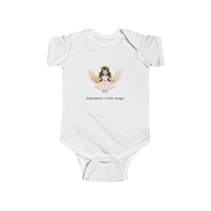 White baby onesie with an angel illustration and text on a white background