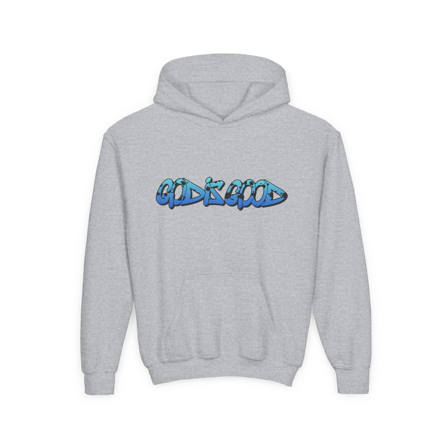 Youth black cotton hoodie with 'God is Good' text in bold white, Christian faith design for teens

