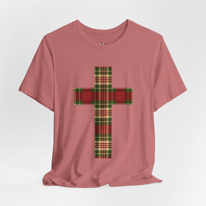 Plaid Cross Christmas Tee – Rustic Faith Holiday T-Shirt