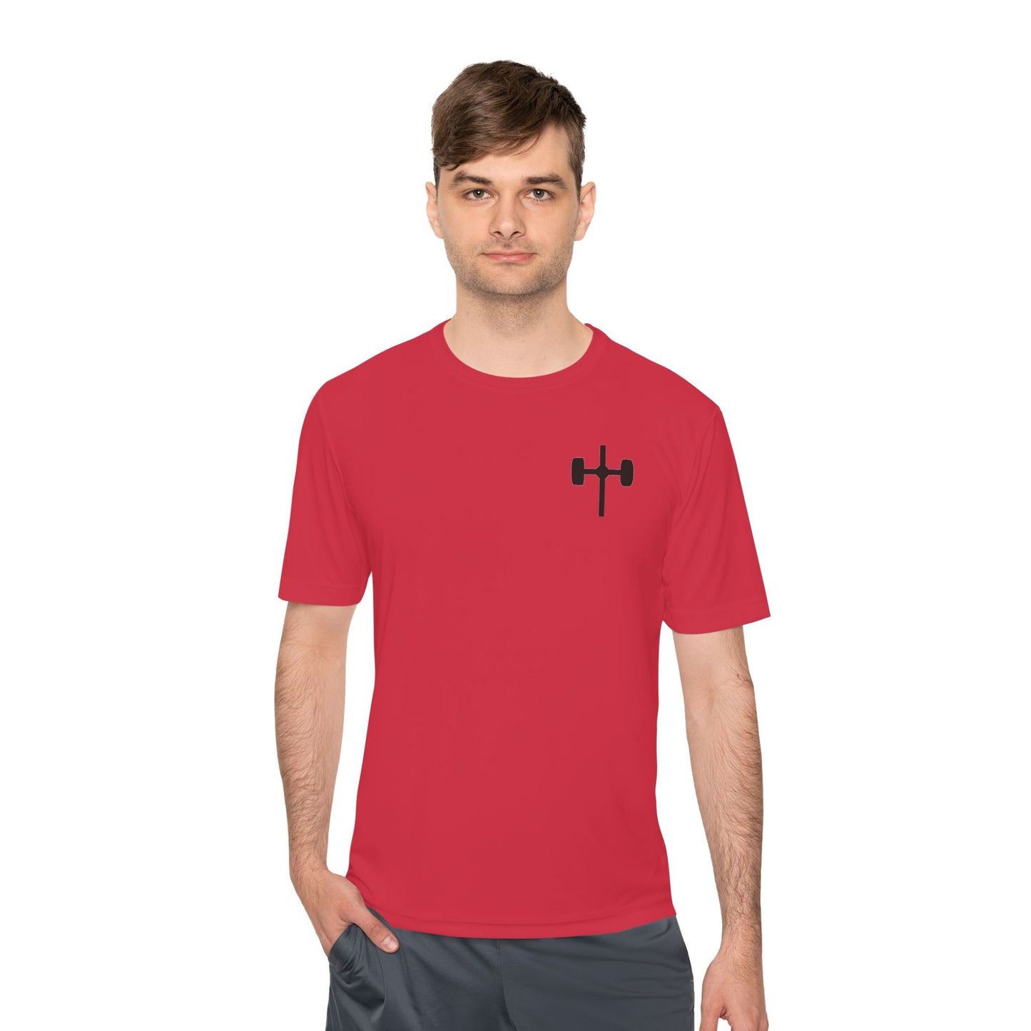 Men's black moisture-wicking performance tee with 'Pray, Train, Sleep, Repeat' text and barbell-cross graphic, Christian fitness apparel.

