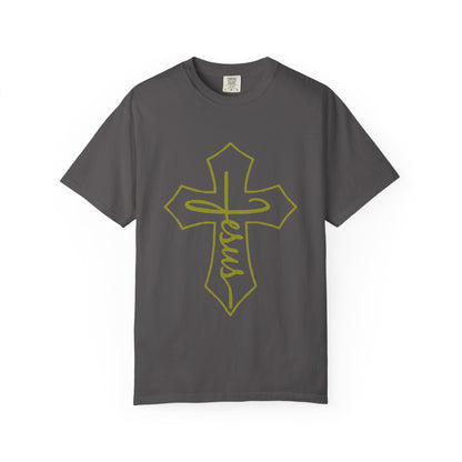 Gray t-shirt with a yellow cross and 'Jesus' text on a white background