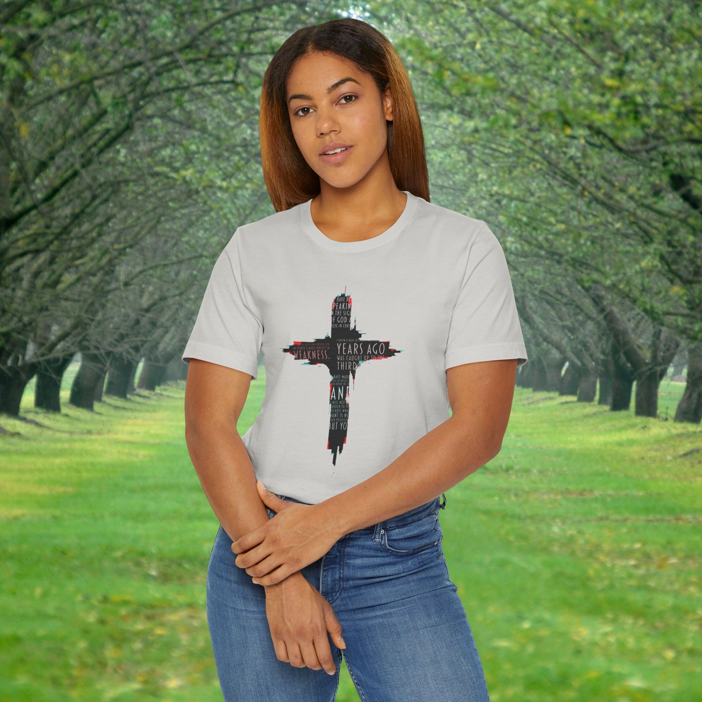 Glitched Cross Christian T-Shirt | Minimalist Bible Verse Grace Tee | Edgy Cyber Faith Streetwear | 2 Corinthians 12:9 Glitch Art
