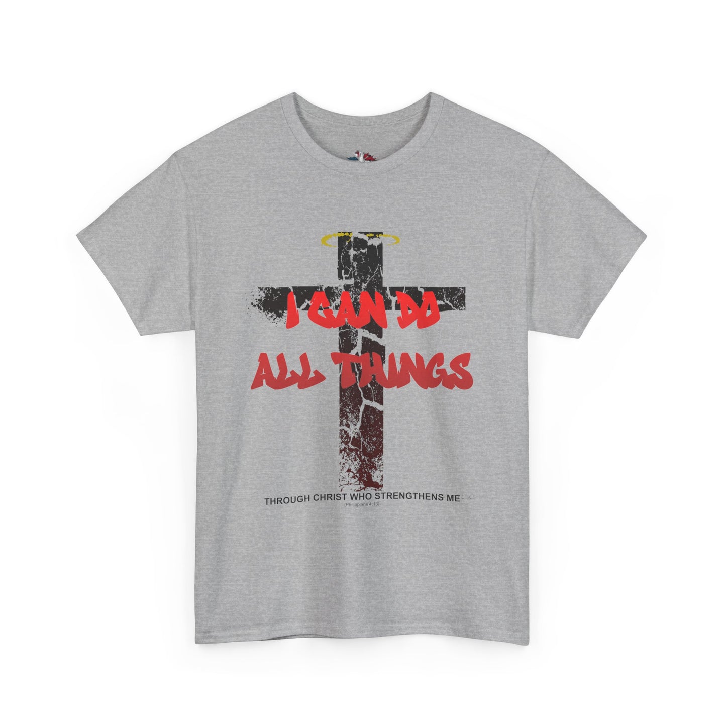 Shattered Cross Graffiti Philippians 4:13 Christian t-shirt with red distressed text integrated into cracked cross  

