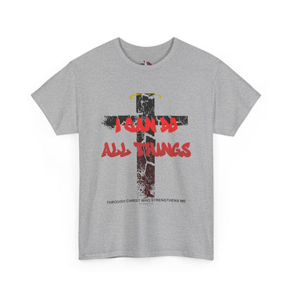Shattered Cross Graffiti Philippians 4:13 Christian t-shirt with red distressed text integrated into cracked cross  

