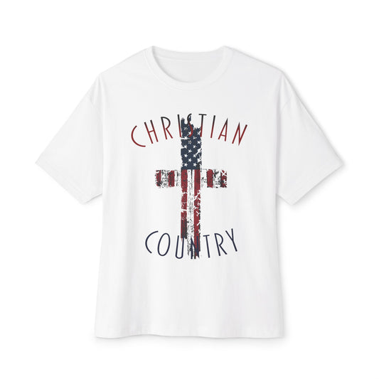 Christian Country American Flag Cross Oversized Box T-Shirt