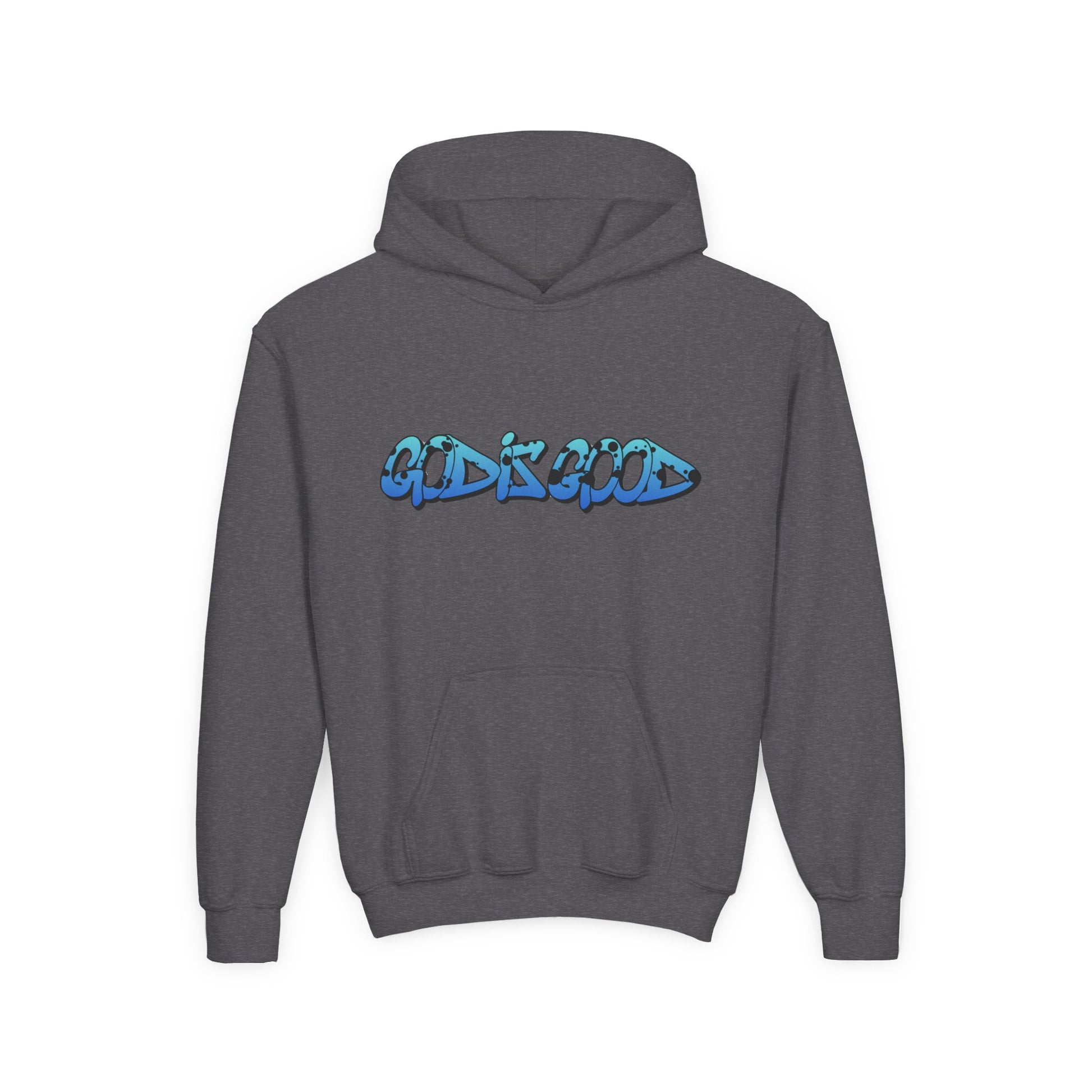 Youth gray cotton hoodie with 'God is Good' text in bold white, Christian faith design for teens

