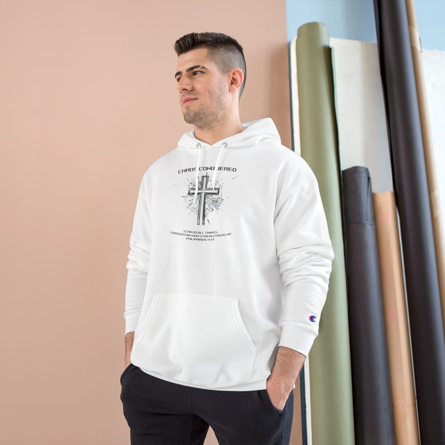 Chaos Conquered Christian Champion Hoodie | Philippians 4:13 Men's Faith Pullover