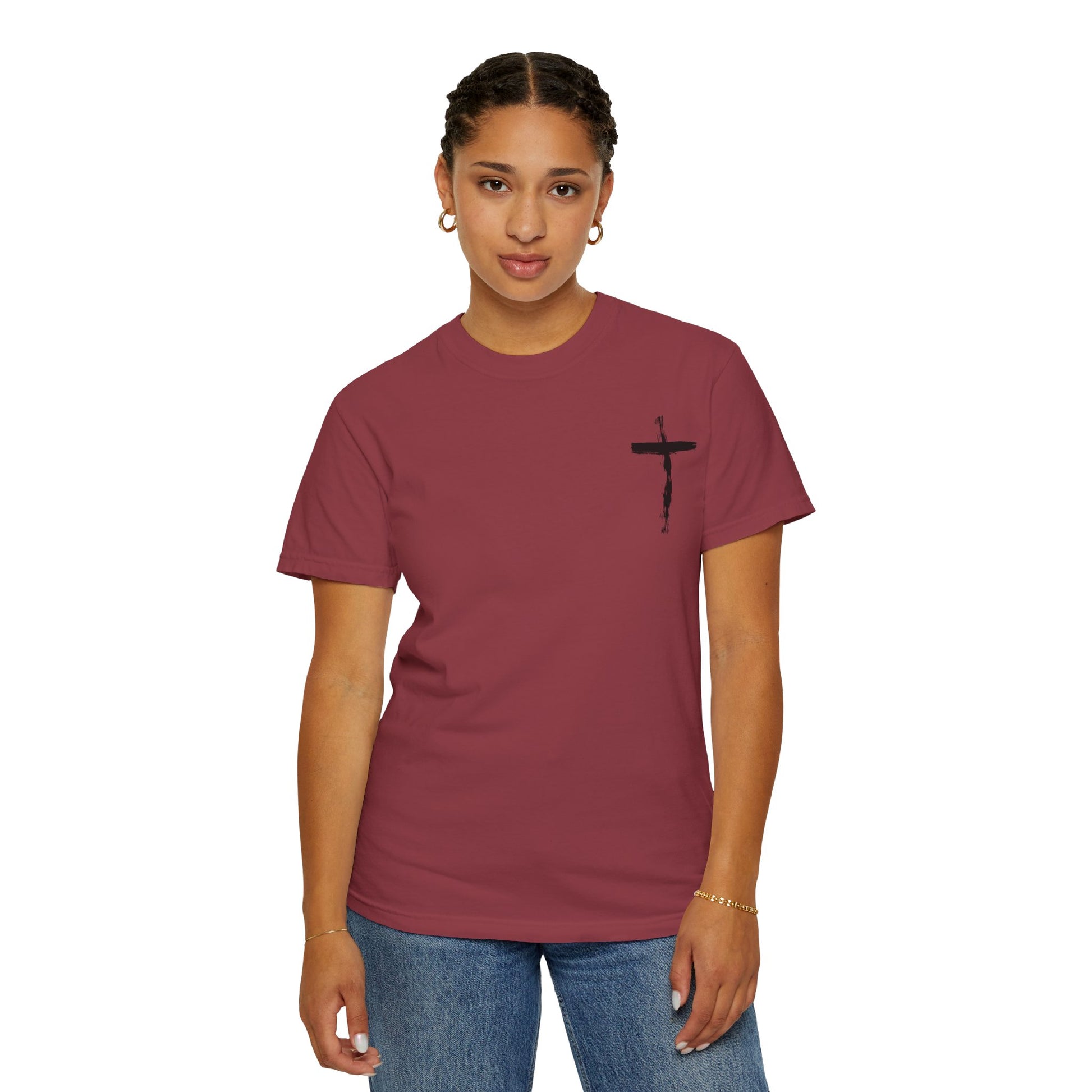 Men's white T-shirt with black cross and John 3:16 Bible verse, Christian faith apparel.

