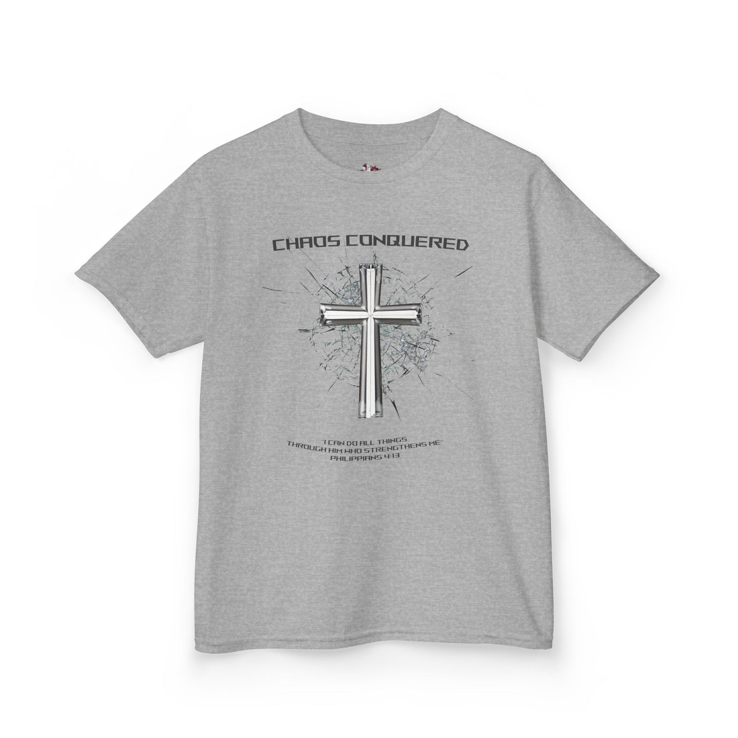Chaos Conquered Christian Kids T-Shirt | Philippians 4:13 Boys Faith Tee – Inspirational Bible Verse Apparel for Young Warriors
