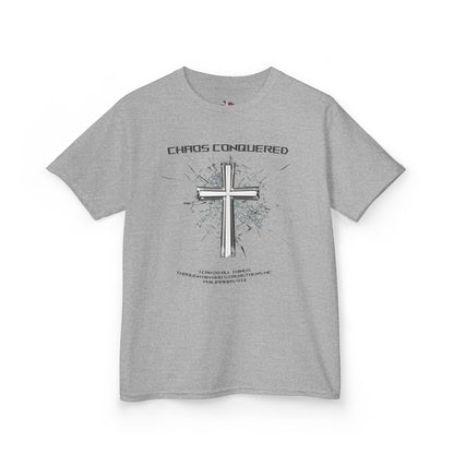 Chaos Conquered Christian Kids T-Shirt | Philippians 4:13 Boys Faith Tee – Inspirational Bible Verse Apparel for Young Warriors