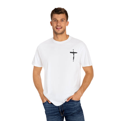 Men's white T-shirt with black cross and John 3:16 Bible verse, Christian faith apparel.


