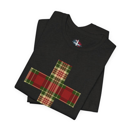 Plaid Cross Christmas Tee – Rustic Faith Holiday T-Shirt