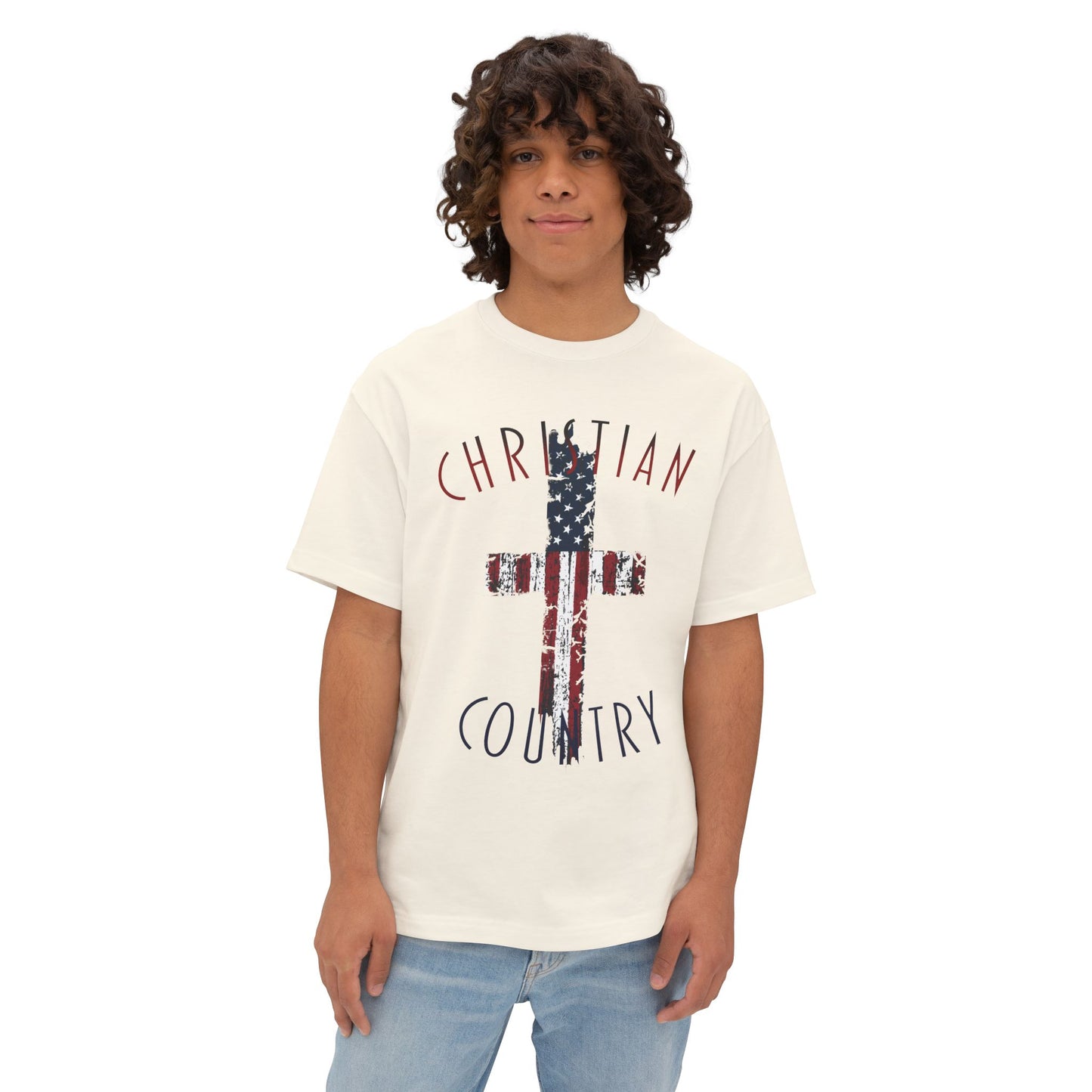 Christian Country American Flag Cross Oversized Box T-Shirt