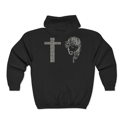 Black hoodie with a cross and skull design on the back against a white background