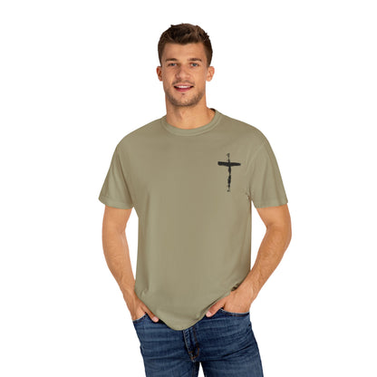 Men's white T-shirt with black cross and John 3:16 Bible verse, Christian faith apparel.

