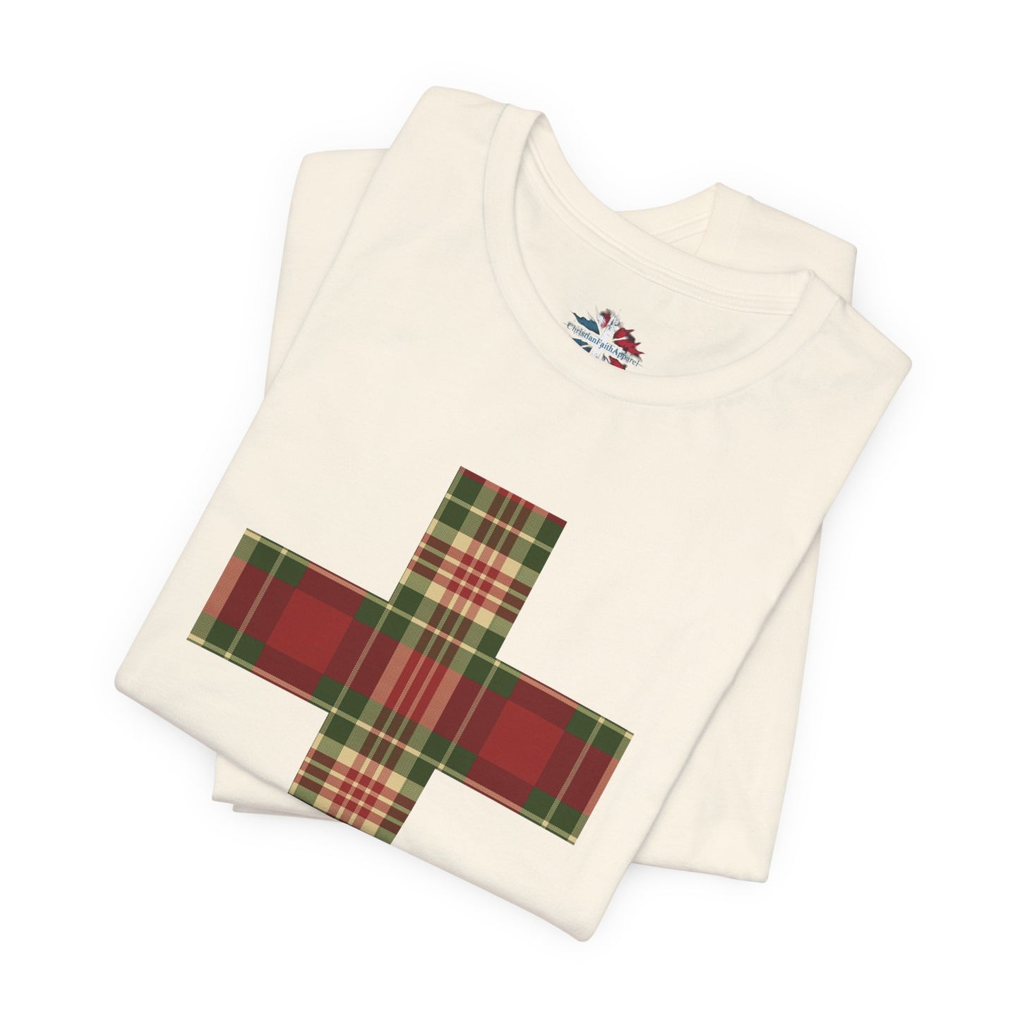 Plaid Cross Christmas Tee – Rustic Faith Holiday T-Shirt
