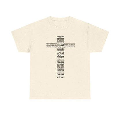 Beige t-shirt with black text on a white background