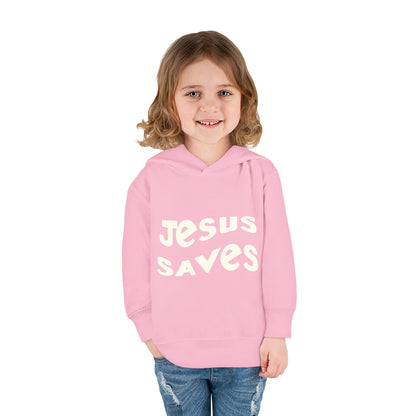 Kids' hoodie with 'Jesus Saves' text and cross graphic, vibrant Christian faith apparel for children.