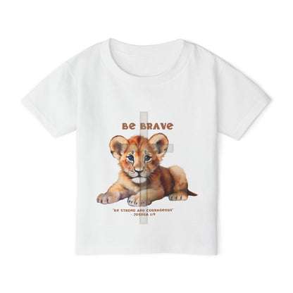 White t-shirt with a lion cub graphic and 'Be Brave' text on a white background