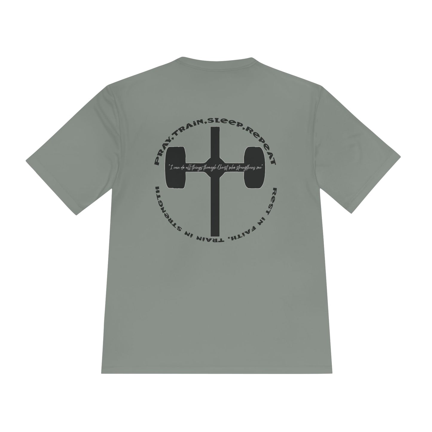 Men's black moisture-wicking performance tee with 'Pray, Train, Sleep, Repeat' text and barbell-cross graphic, Christian fitness apparel.

