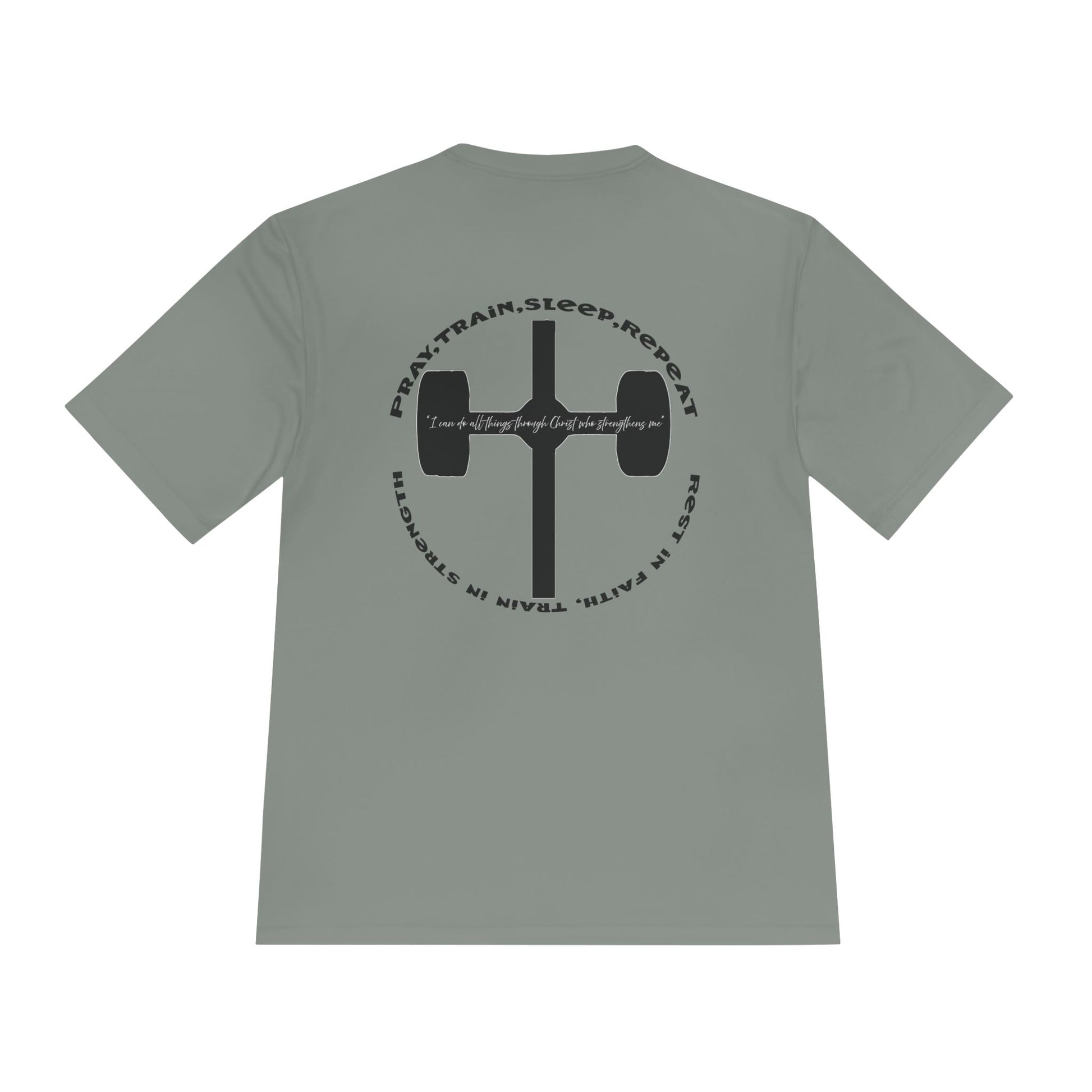 Men's black moisture-wicking performance tee with 'Pray, Train, Sleep, Repeat' text and barbell-cross graphic, Christian fitness apparel.

