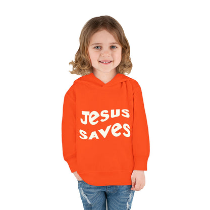 Kids' hoodie with 'Jesus Saves' text and cross graphic, vibrant Christian faith apparel for children.