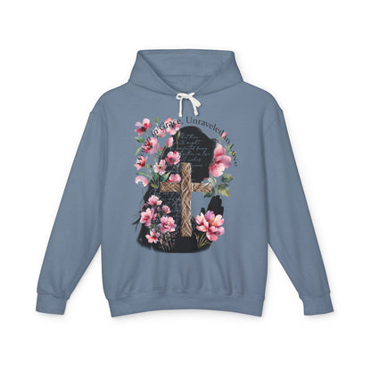 Woven in Grace Hoodie - Pink Floral Faith Verse Pullover with Cross & Prayer Silhouette
