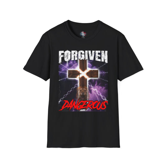 Forgiven & Dangerous Christian T-Shirt black with glowing wooden cross, roaring lion, broken chains and purple storm lightning, bold grace and power faith apparel

