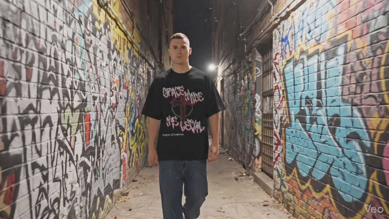 Black Grace Made Me Lethal t-shirt with red and white graffiti cross and barbed wire design from Forgiven & Dangerous collection


